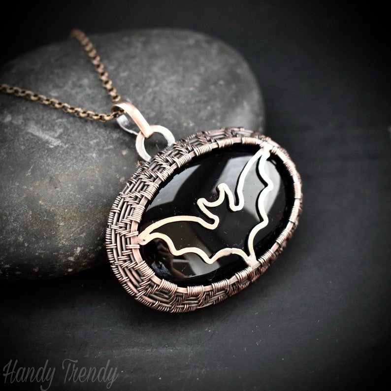 Bat pendant, Black onyx and copper wire wrapped jewelry, Unique handmade gift, One of a kind witch theme artisan necklace,