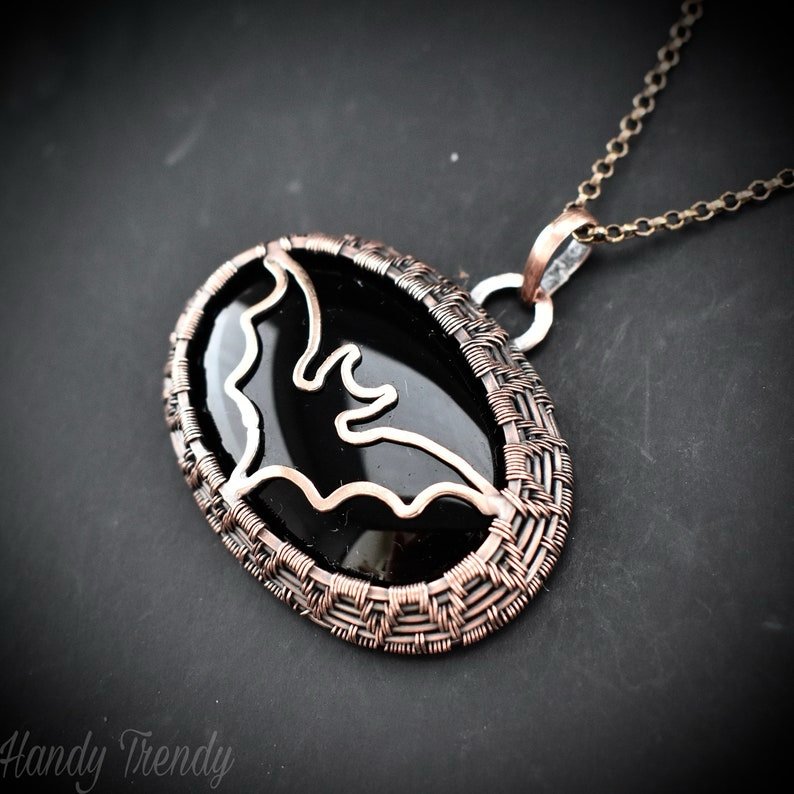 Bat pendant, Black onyx and copper wire wrapped jewelry, Unique handmade gift, One of a kind witch theme artisan necklace,
