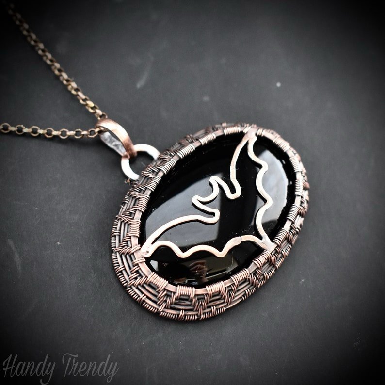 Bat pendant, Black onyx and copper wire wrapped jewelry, Unique handmade gift, One of a kind witch theme artisan necklace,