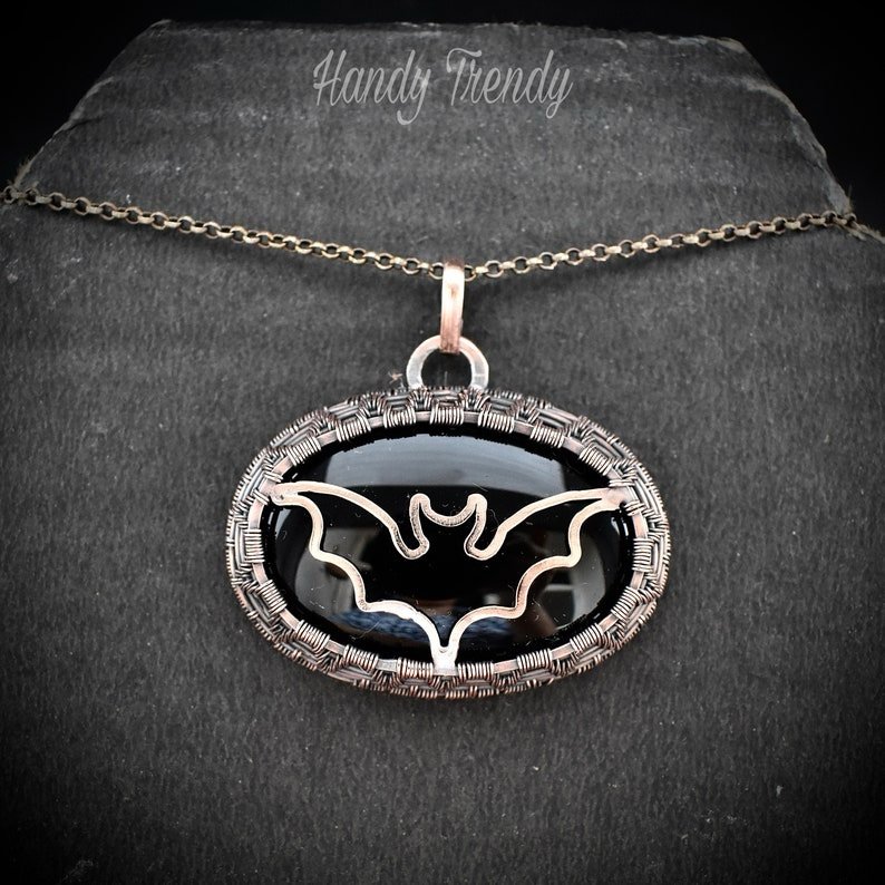 Bat pendant, Black onyx and copper wire wrapped jewelry, Unique handmade gift, One of a kind witch theme artisan necklace,