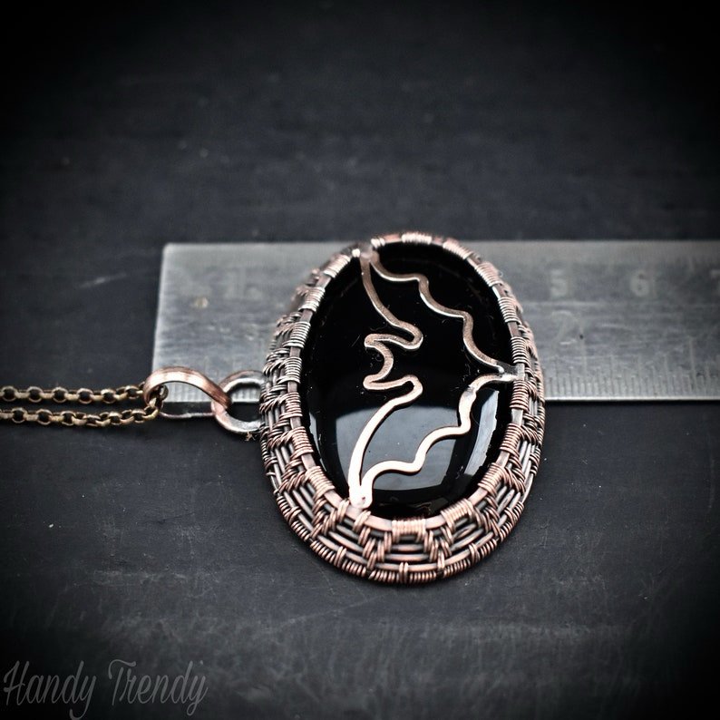 Bat pendant, Black onyx and copper wire wrapped jewelry, Unique handmade gift, One of a kind witch theme artisan necklace,