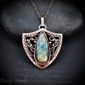Shield pendant, Multi flash labradorite and copper wire wrapped necklace, Unique handmade gift, One of a kind artisan jewelry