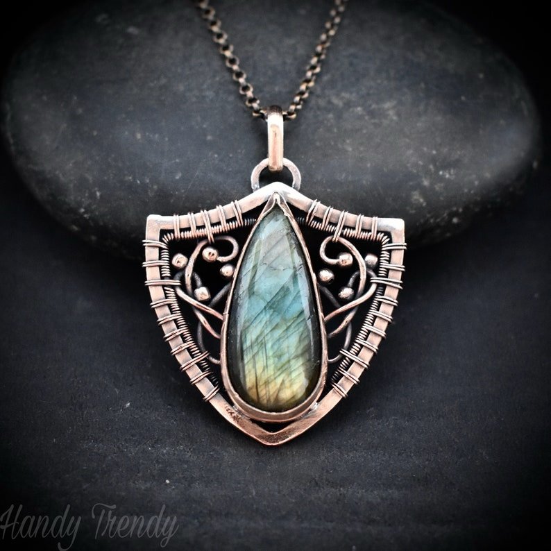 Shield pendant, Multi flash labradorite and copper wire wrapped necklace, Unique handmade gift, One of a kind artisan jewelry