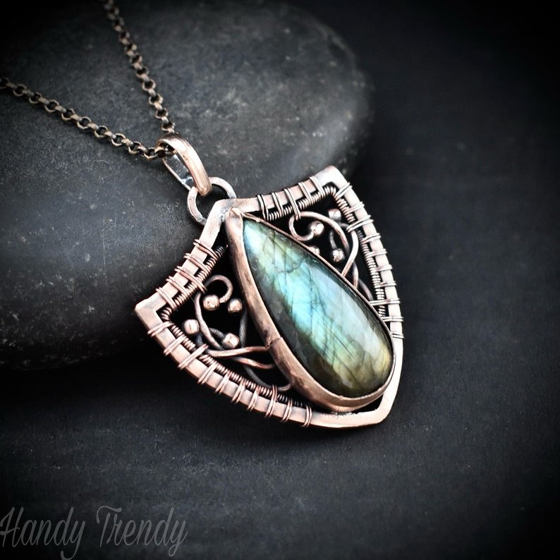 Shield pendant, Multi flash labradorite and copper wire wrapped necklace, Unique handmade gift, One of a kind artisan jewelry
