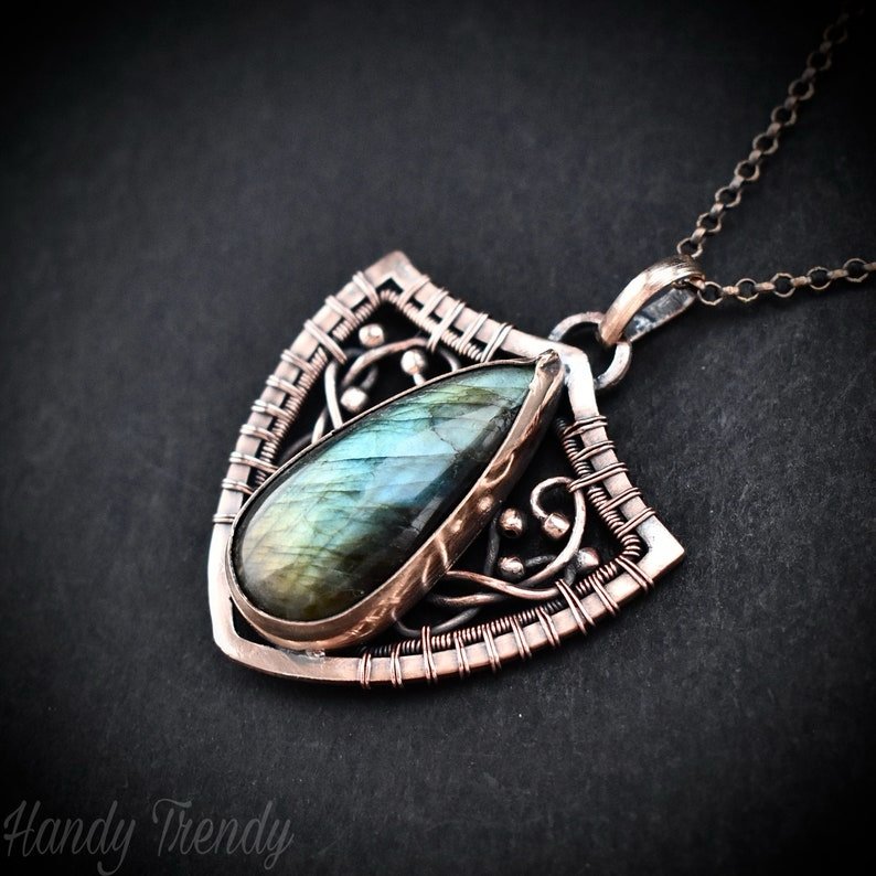 Shield pendant, Multi flash labradorite and copper wire wrapped necklace, Unique handmade gift, One of a kind artisan jewelry