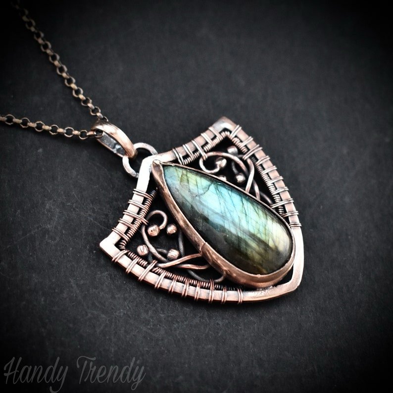 Shield pendant, Multi flash labradorite and copper wire wrapped necklace, Unique handmade gift, One of a kind artisan jewelry