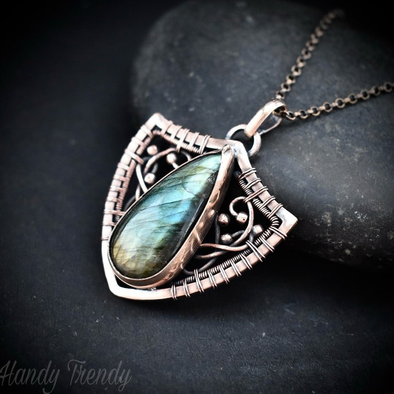 Shield pendant, Multi flash labradorite and copper wire wrapped necklace, Unique handmade gift, One of a kind artisan jewelry