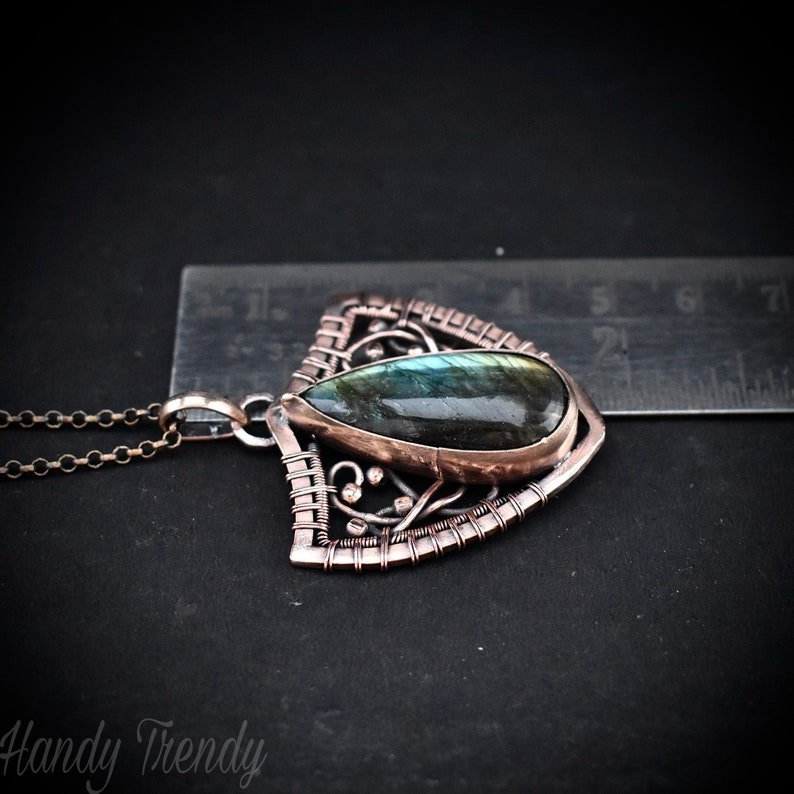 Shield pendant, Multi flash labradorite and copper wire wrapped necklace, Unique handmade gift, One of a kind artisan jewelry