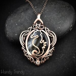 Seahorse fish pendant, Copper wire wrap black banded agate necklace, Unique handmade gift, Sea animal jewelry, Boho necklace