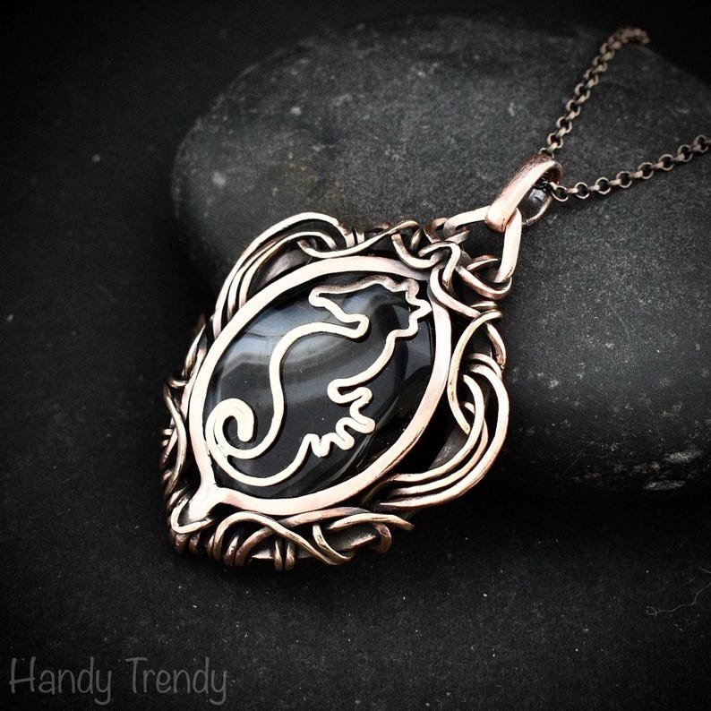 Seahorse fish pendant, Copper wire wrap black banded agate necklace, Unique handmade gift, Sea animal jewelry, Boho necklace