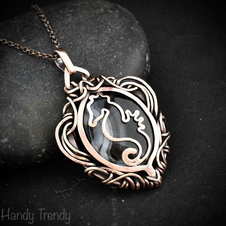 Seahorse fish pendant, Copper wire wrap black banded agate necklace, Unique handmade gift, Sea animal jewelry, Boho necklace
