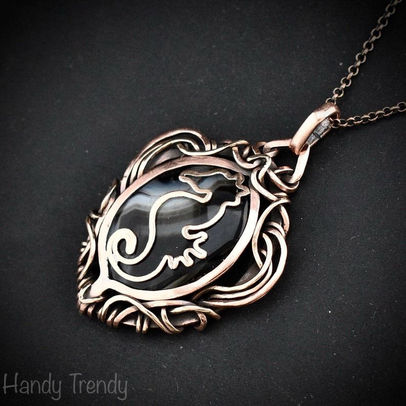 Seahorse fish pendant, Copper wire wrap black banded agate necklace, Unique handmade gift, Sea animal jewelry, Boho necklace