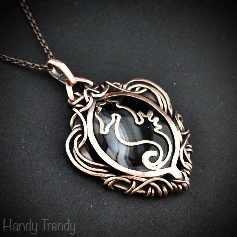 Seahorse fish pendant, Copper wire wrap black banded agate necklace, Unique handmade gift, Sea animal jewelry, Boho necklace
