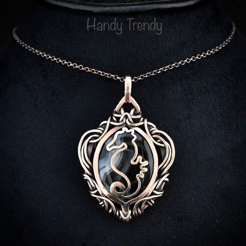 Seahorse fish pendant, Copper wire wrap black banded agate necklace, Unique handmade gift, Sea animal jewelry, Boho necklace