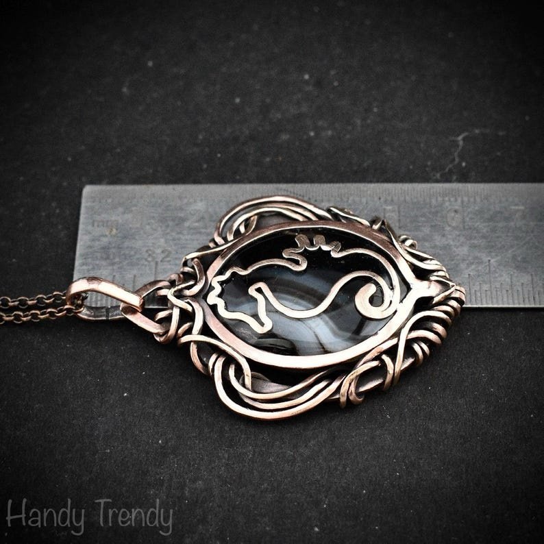 Seahorse fish pendant, Copper wire wrap black banded agate necklace, Unique handmade gift, Sea animal jewelry, Boho necklace