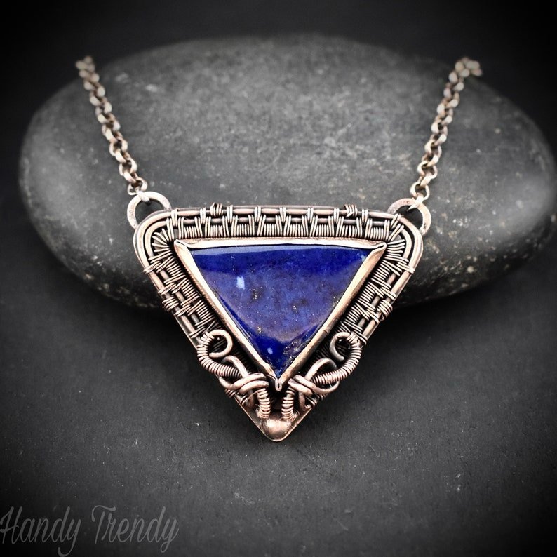 Lapis lazuli triangle necklace, Copper wire wrapped necklace, Unique handmade gift, Artisan boho jewelry, One of a kind statement piece