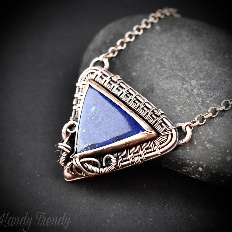 Lapis lazuli triangle necklace, Copper wire wrapped necklace, Unique handmade gift, Artisan boho jewelry, One of a kind statement piece