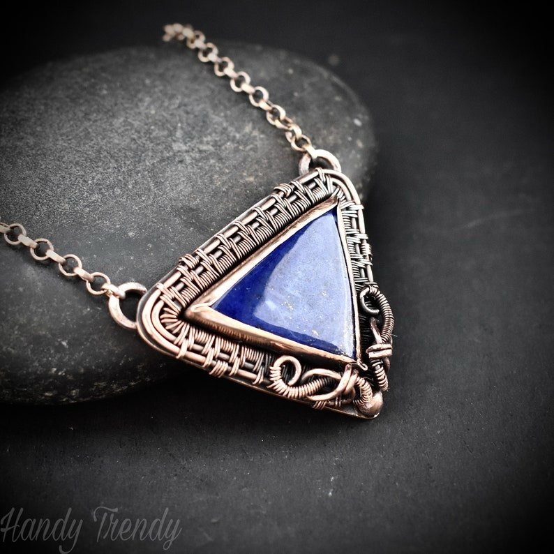 Lapis lazuli triangle necklace, Copper wire wrapped necklace, Unique handmade gift, Artisan boho jewelry, One of a kind statement piece