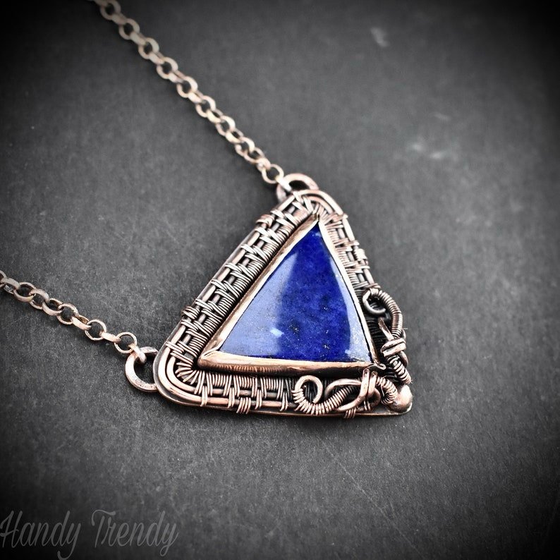 Lapis lazuli triangle necklace, Copper wire wrapped necklace, Unique handmade gift, Artisan boho jewelry, One of a kind statement piece