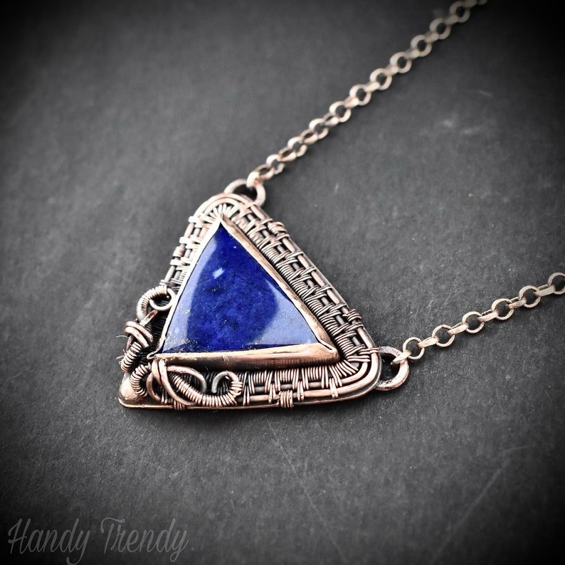 Lapis lazuli triangle necklace, Copper wire wrapped necklace, Unique handmade gift, Artisan boho jewelry, One of a kind statement piece