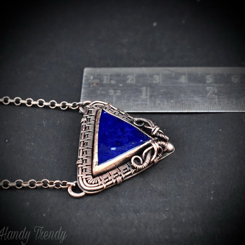 Lapis lazuli triangle necklace, Copper wire wrapped necklace, Unique handmade gift, Artisan boho jewelry, One of a kind statement piece
