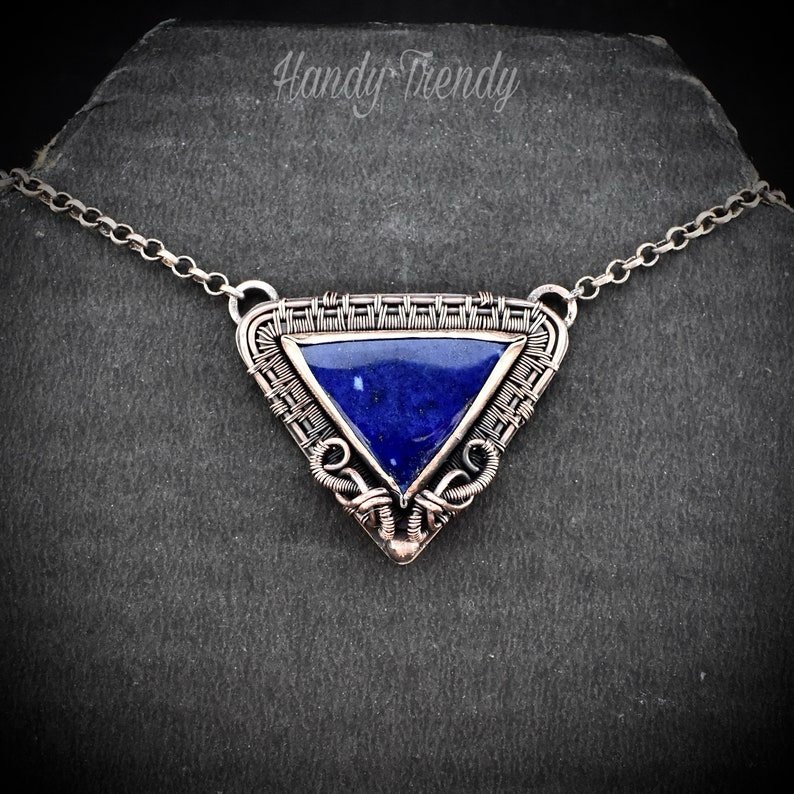 Lapis lazuli triangle necklace, Copper wire wrapped necklace, Unique handmade gift, Artisan boho jewelry, One of a kind statement piece