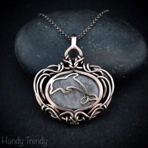 Silver obsidian dolphin pendant, Free-Flow copper wire wrapped necklace, Unique handmade gift, Sea animal jewelry, Fish necklace