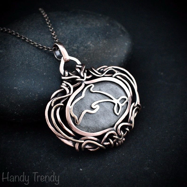 Silver obsidian dolphin pendant, Free-Flow copper wire wrapped necklace, Unique handmade gift, Sea animal jewelry, Fish necklace