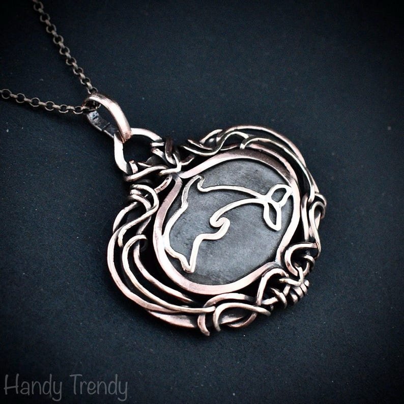 Silver obsidian dolphin pendant, Free-Flow copper wire wrapped necklace, Unique handmade gift, Sea animal jewelry, Fish necklace