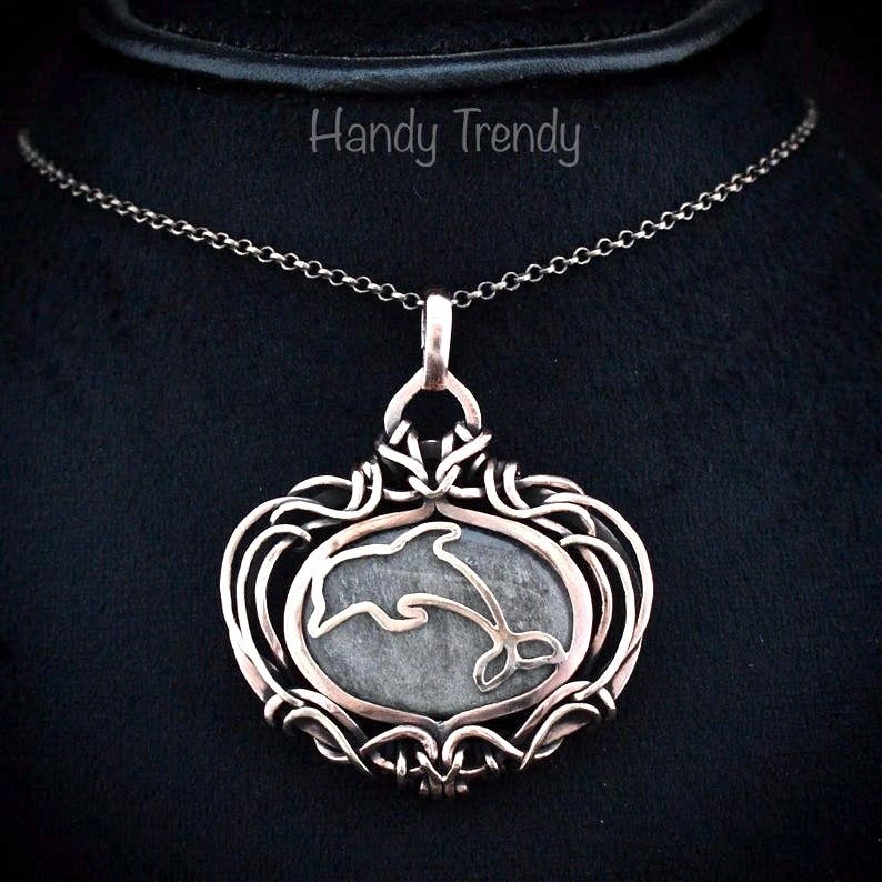 Silver obsidian dolphin pendant, Free-Flow copper wire wrapped necklace, Unique handmade gift, Sea animal jewelry, Fish necklace