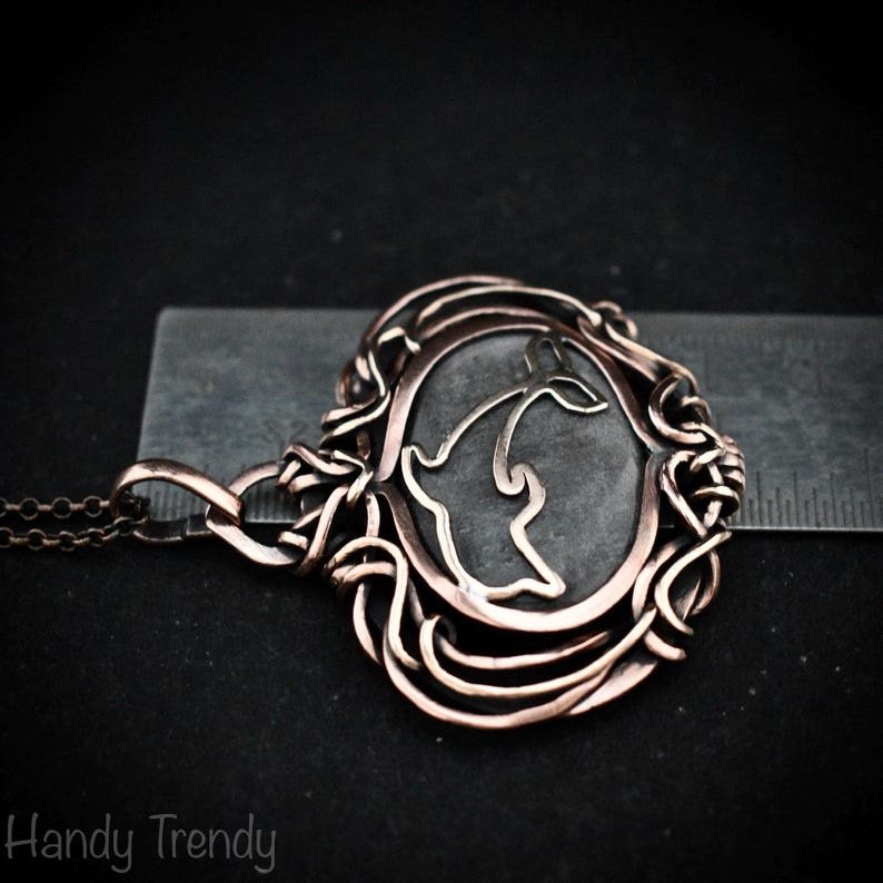 Silver obsidian dolphin pendant, Free-Flow copper wire wrapped necklace, Unique handmade gift, Sea animal jewelry, Fish necklace