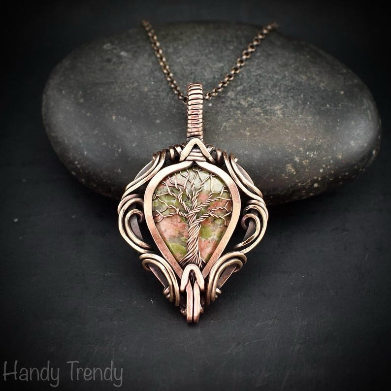 Unakite tree of life pendant, Free-Flow copper wire wrapped necklace, Unique handmade gift, One of a kind artisan boho jewelry