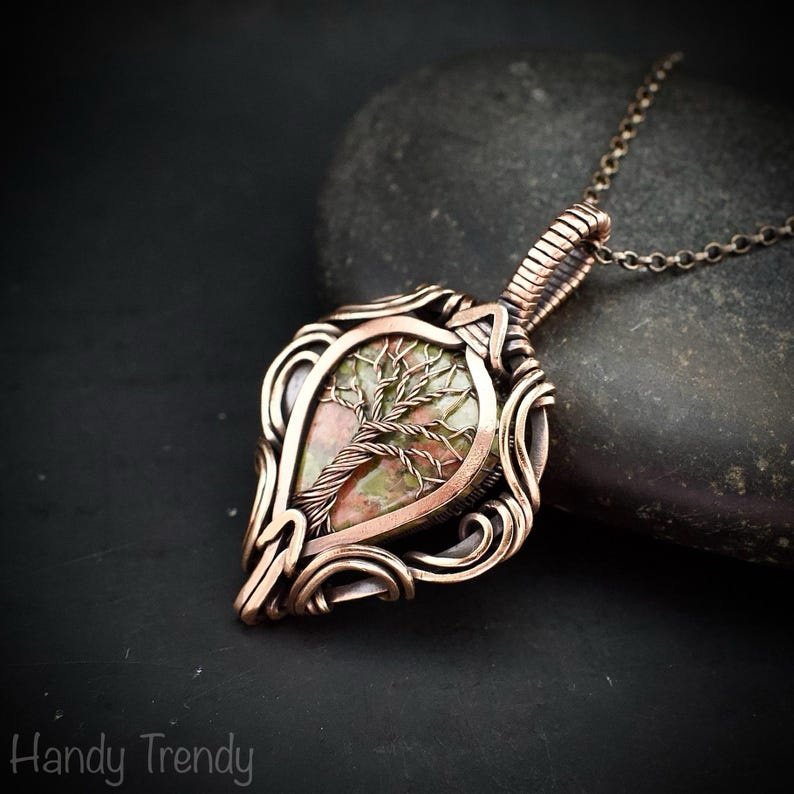 Unakite tree of life pendant, Free-Flow copper wire wrapped necklace, Unique handmade gift, One of a kind artisan boho jewelry