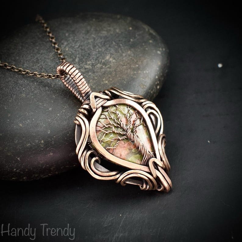 Unakite tree of life pendant, Free-Flow copper wire wrapped necklace, Unique handmade gift, One of a kind artisan boho jewelry