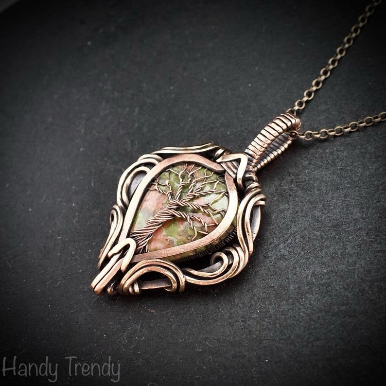 Unakite tree of life pendant, Free-Flow copper wire wrapped necklace, Unique handmade gift, One of a kind artisan boho jewelry