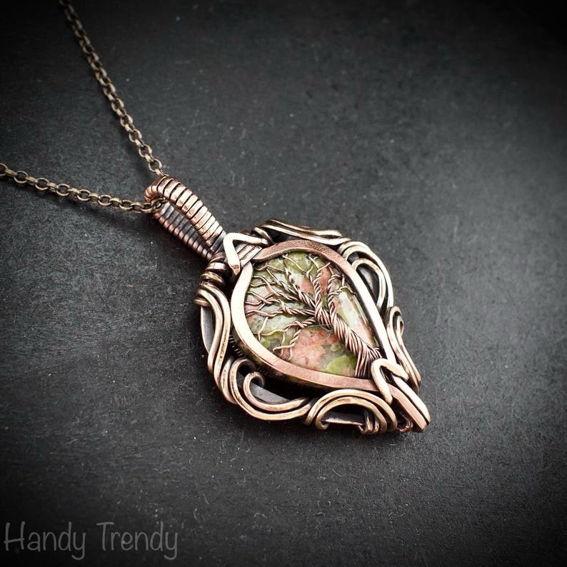Unakite tree of life pendant, Free-Flow copper wire wrapped necklace, Unique handmade gift, One of a kind artisan boho jewelry