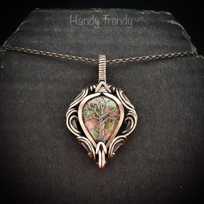 Unakite tree of life pendant, Free-Flow copper wire wrapped necklace, Unique handmade gift, One of a kind artisan boho jewelry