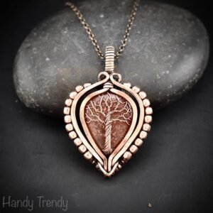 Sunstone tree of life pendant, Free-Flow copper wire wrapped necklace, Unique handmade gift, One of a kind artisan boho jewelry