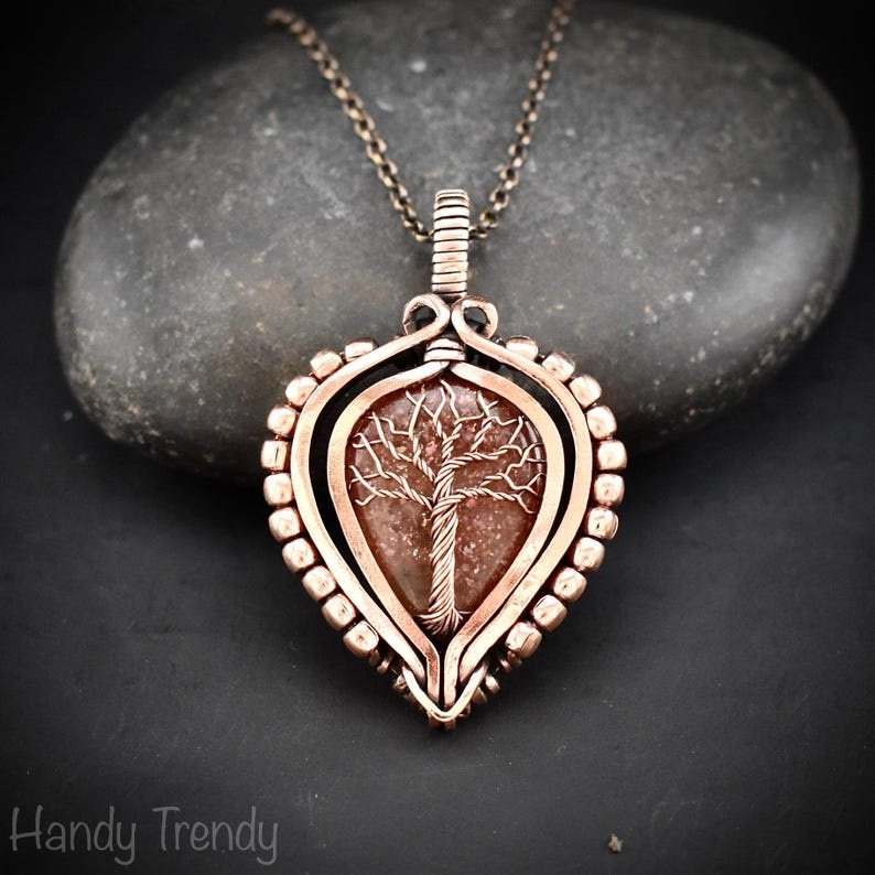 Sunstone tree of life pendant, Free-Flow copper wire wrapped necklace, Unique handmade gift, One of a kind artisan boho jewelry