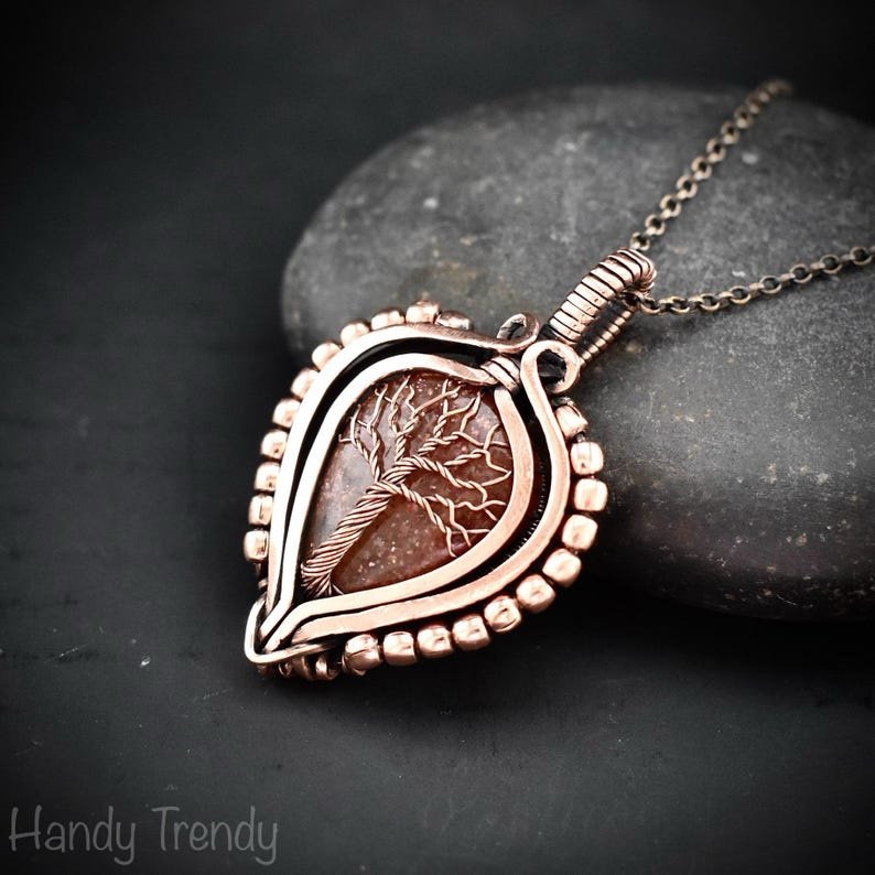 Sunstone tree of life pendant, Free-Flow copper wire wrapped necklace, Unique handmade gift, One of a kind artisan boho jewelry