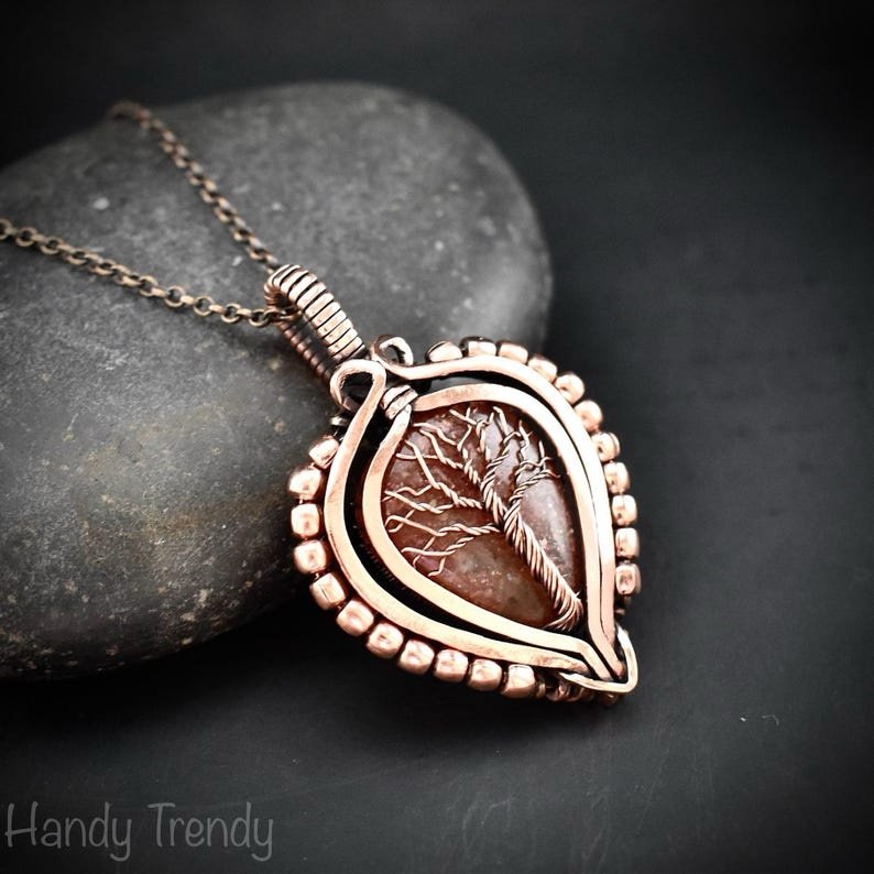 Sunstone tree of life pendant, Free-Flow copper wire wrapped necklace, Unique handmade gift, One of a kind artisan boho jewelry