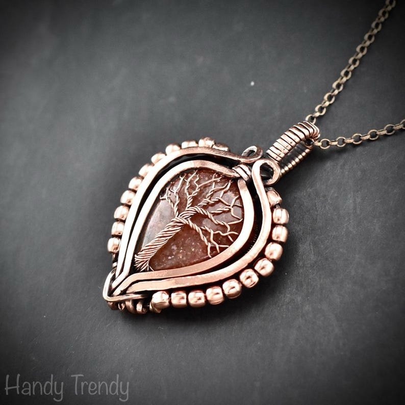 Sunstone tree of life pendant, Free-Flow copper wire wrapped necklace, Unique handmade gift, One of a kind artisan boho jewelry