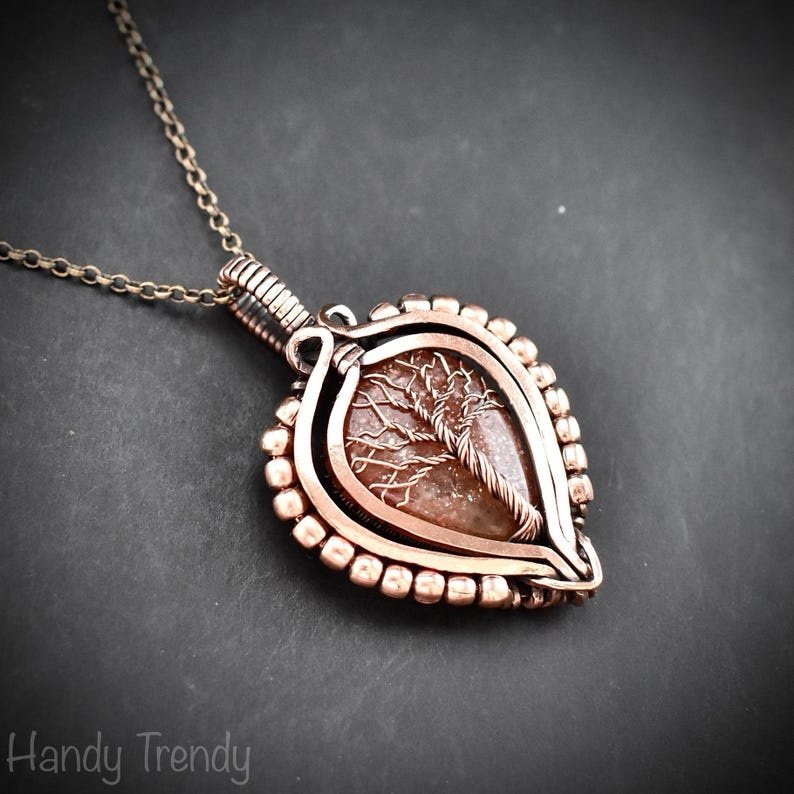 Sunstone tree of life pendant, Free-Flow copper wire wrapped necklace, Unique handmade gift, One of a kind artisan boho jewelry