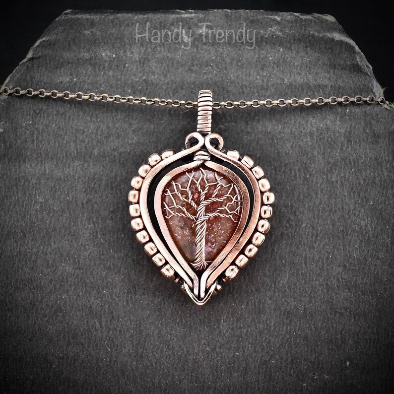 Sunstone tree of life pendant, Free-Flow copper wire wrapped necklace, Unique handmade gift, One of a kind artisan boho jewelry