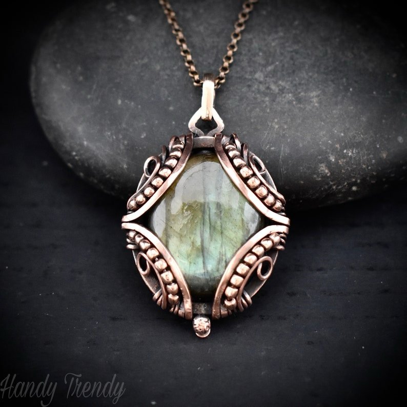 Green labradorite pendant, Free flow copper wire wrapped necklace, Unique handmade gift, One of a kind jewelry, Artisan boho jewelry