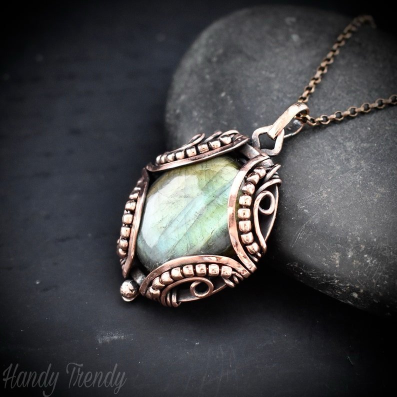 Green labradorite pendant, Free flow copper wire wrapped necklace, Unique handmade gift, One of a kind jewelry, Artisan boho jewelry