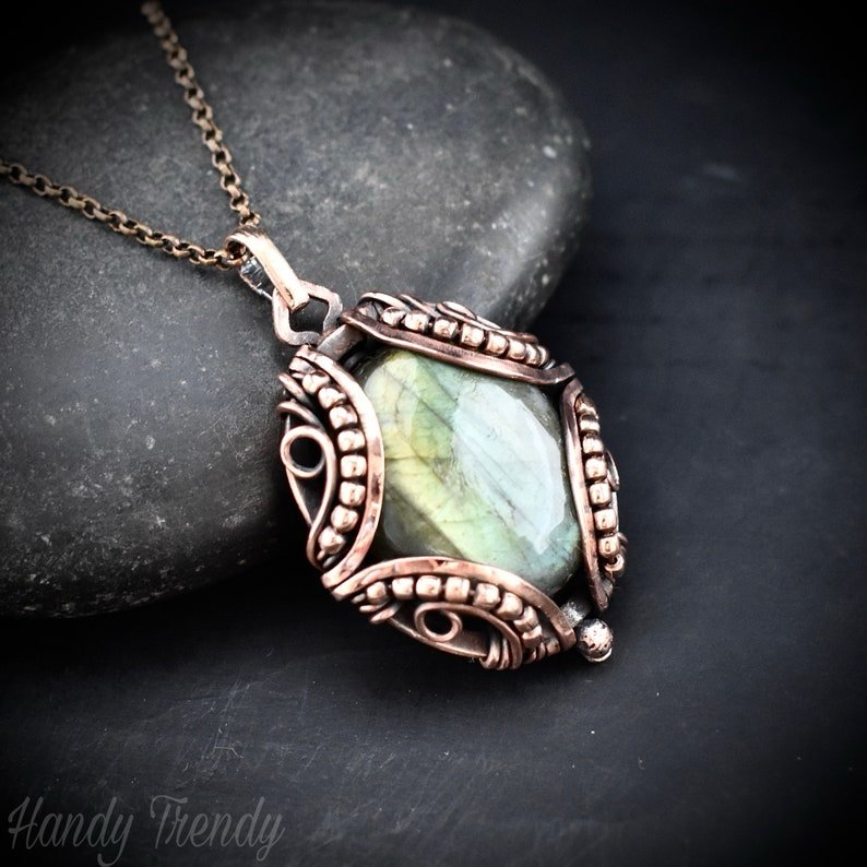 Green labradorite pendant, Free flow copper wire wrapped necklace, Unique handmade gift, One of a kind jewelry, Artisan boho jewelry