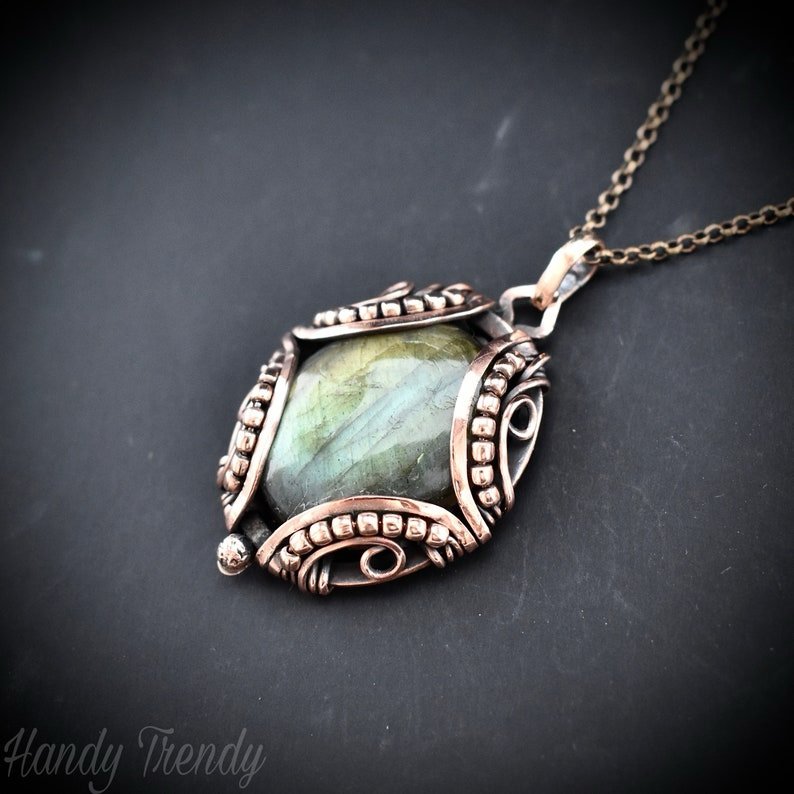 Green labradorite pendant, Free flow copper wire wrapped necklace, Unique handmade gift, One of a kind jewelry, Artisan boho jewelry