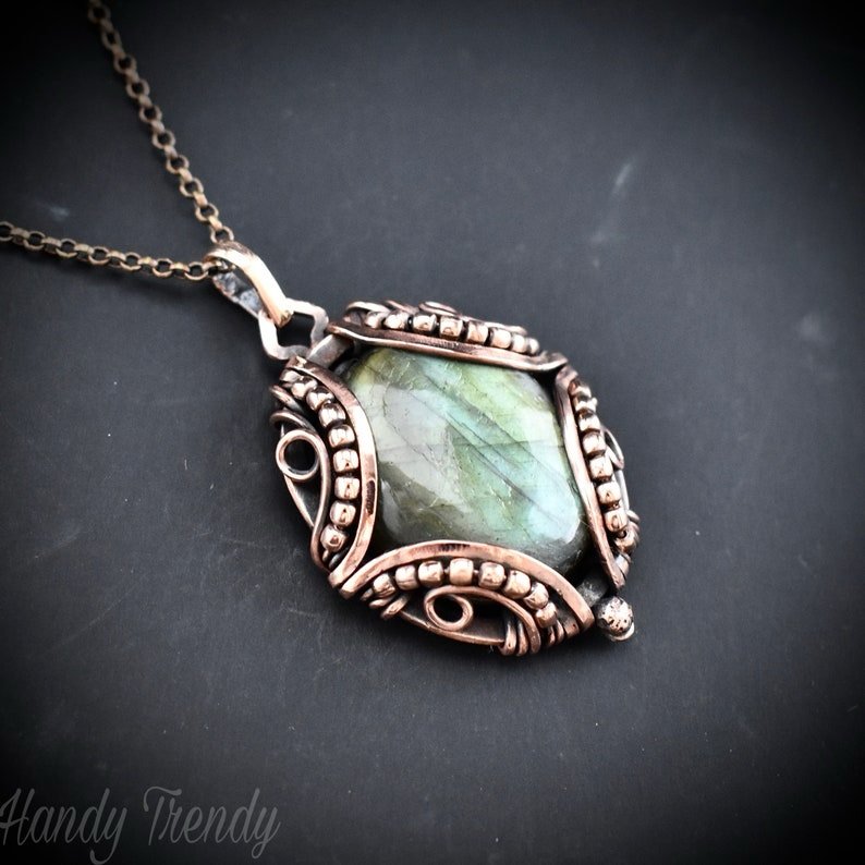 Green labradorite pendant, Free flow copper wire wrapped necklace, Unique handmade gift, One of a kind jewelry, Artisan boho jewelry