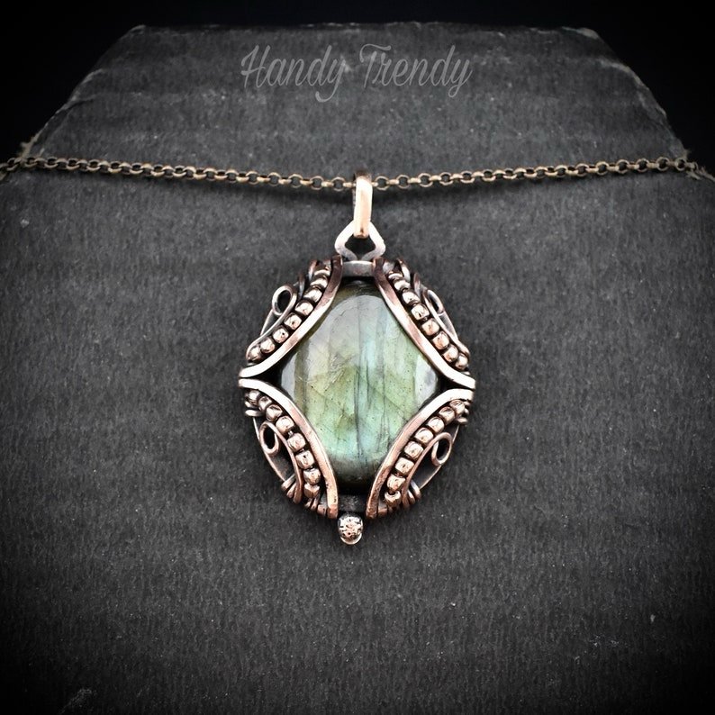 Green labradorite pendant, Free flow copper wire wrapped necklace, Unique handmade gift, One of a kind jewelry, Artisan boho jewelry